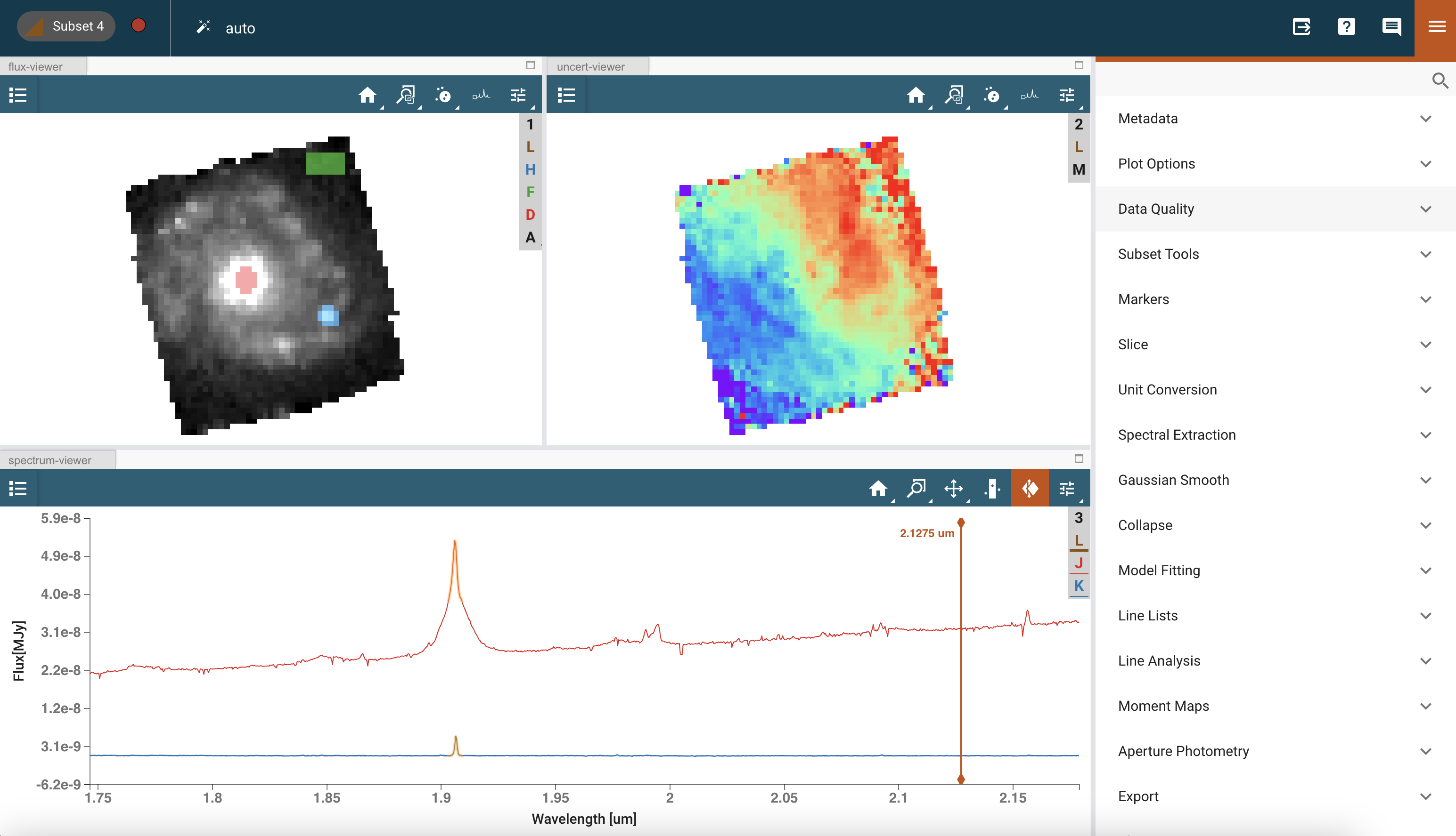 Cubeviz interface showing the cube of object NGC7469 as part of the observations in program 1328. The top left viewer shows the view of the galaxy at 2.13 micron. The top right viewer shows the velocity map of the Paschen-alpha line. The bottom viewer shows the extracted spectra in the center (brighter spectrum) and in the outskirt clump (dimmer spectrum)