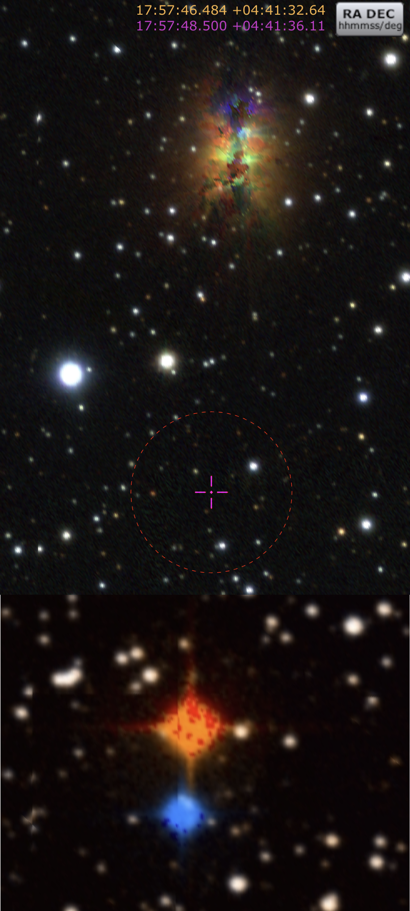 Barnard's Star as seen in the Portal AstroView tool. The iridescent explosion at top is from PanSTARRS, while the red and blue blobs at bottom are from the Digital Sky Survey. The red circle surrounding the magenta cross (near the center) shows the ICRS J2000 search position.