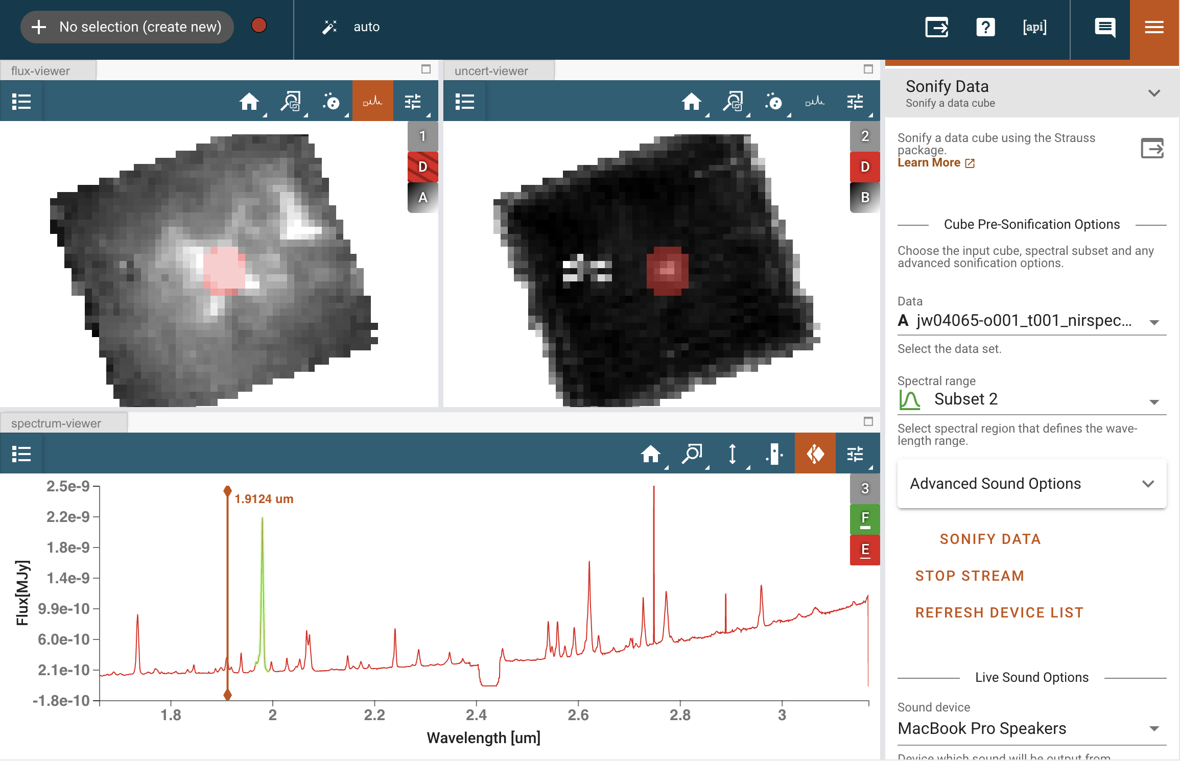 Cubeviz interface showing a JWST/NIRSpec cube from program 4065. The flux viewer (top left) and the uncertainty viewer (top right) show the cube at a wavelength of 1.92 microns. The bottom viewer shows the extracted spectrum from the region marked in red in the flux viewer. The green region in the spectrum viewer is used for data sonification. The plugin tray to the right is open on the Sonify Data plugin.