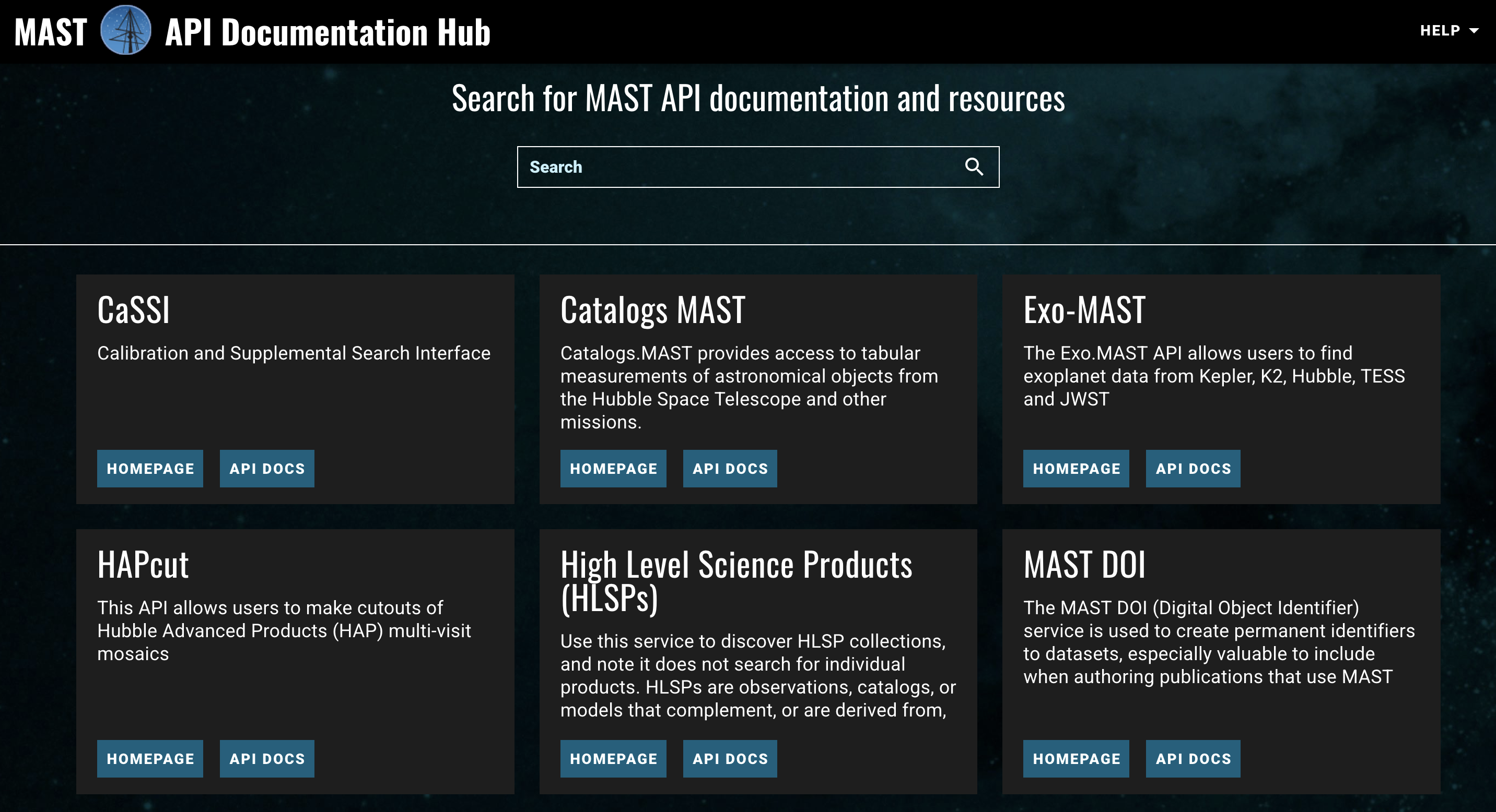 Screenshot of the API Documentation Hub page, scrolled down slightly, showing the MAST header and 'help' link, an empty search bar, and the first six service summaries boxed with individual home page and docs links. These are CaSSI, Catalogs MAST, Exo-MAST, HAPCut, High Level Science Products, and MAST DOI.